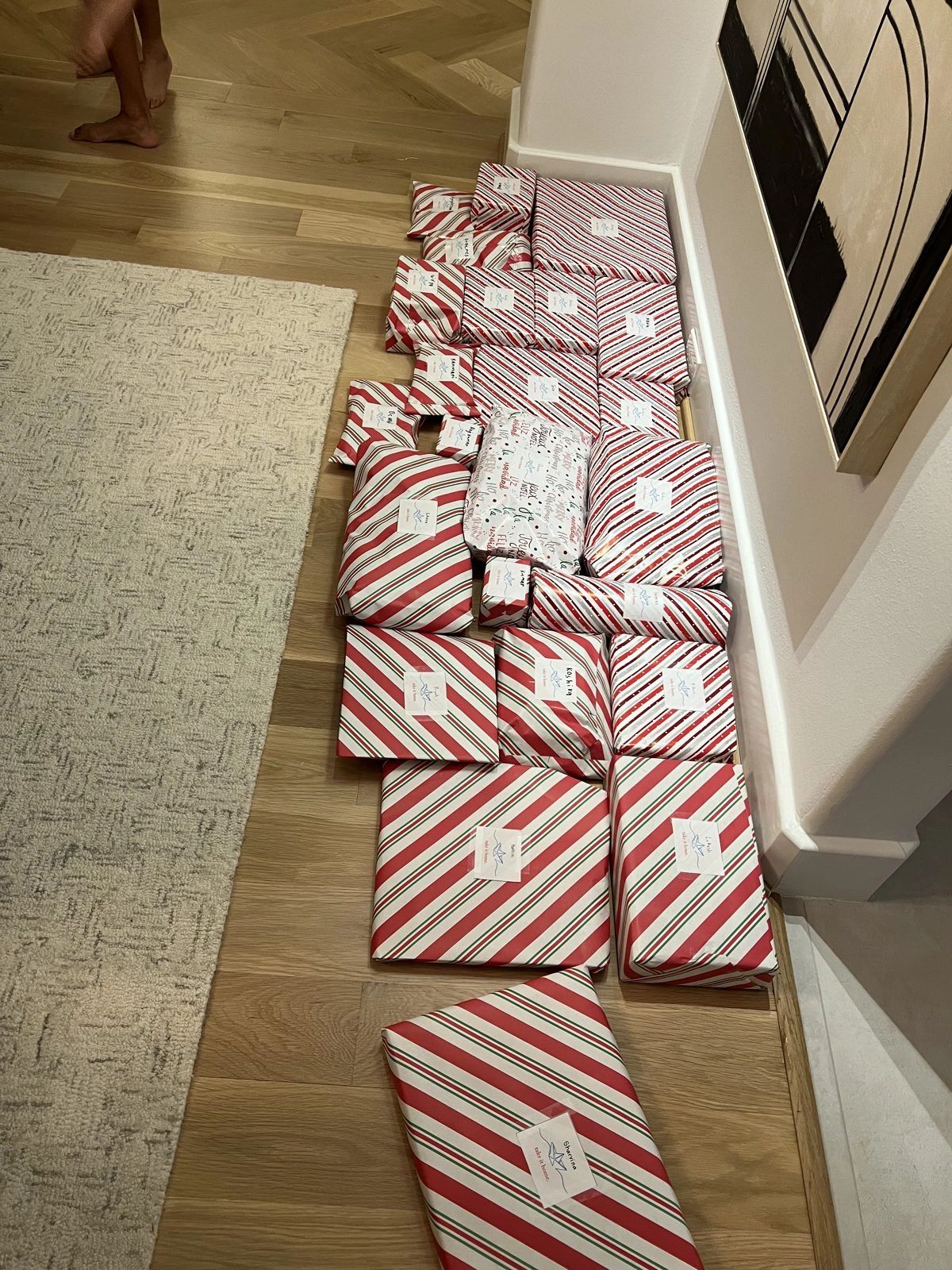 Wrapped gifts stacked and ready