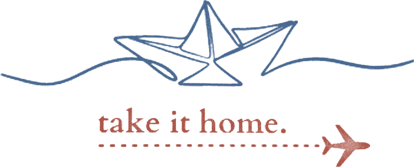 The finished take it home logo: a paper boat riding a wave, with a plane taking flight