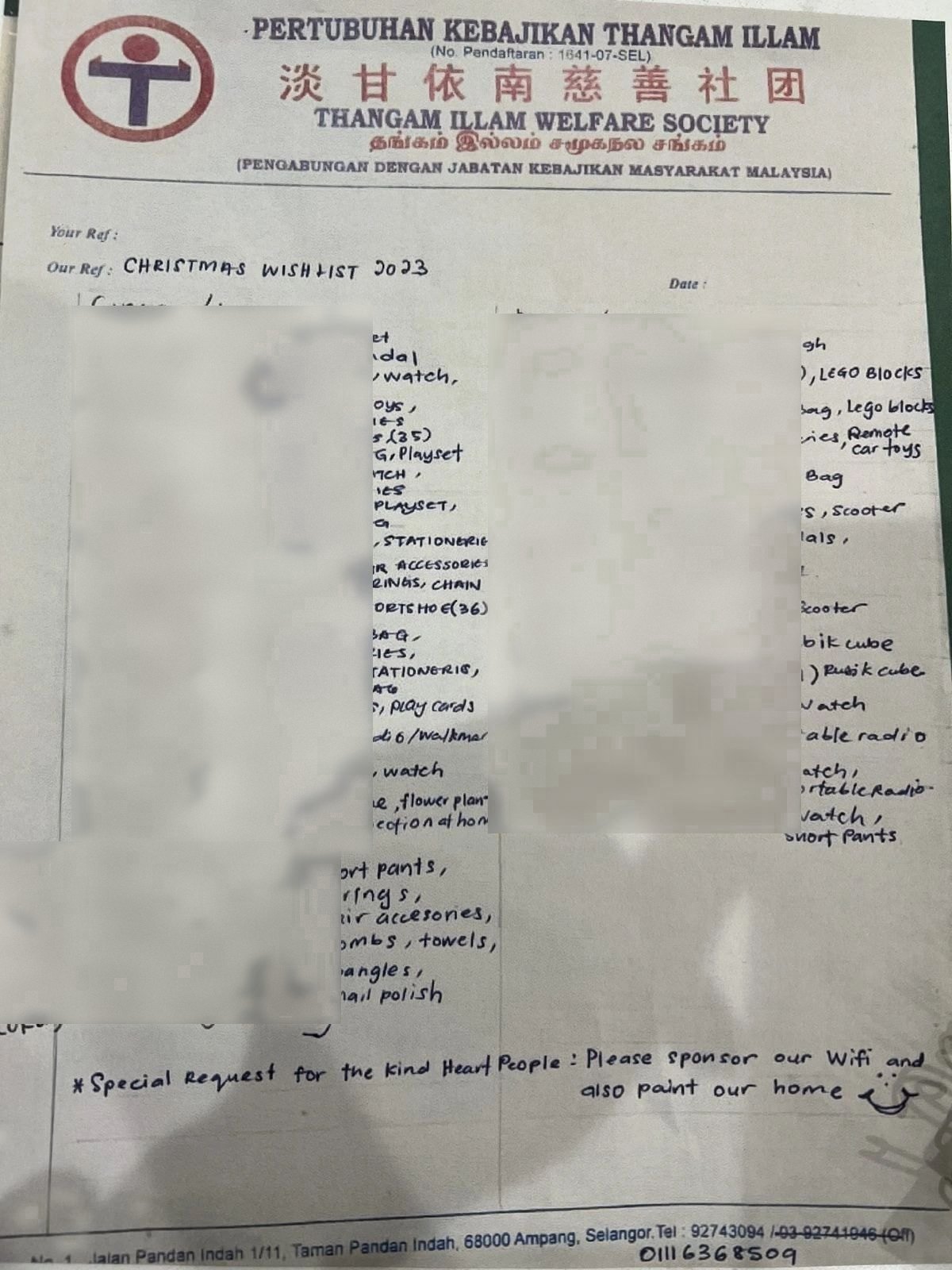 The children's handwritten Christmas wish list from Thangam Ilam Welfare Society