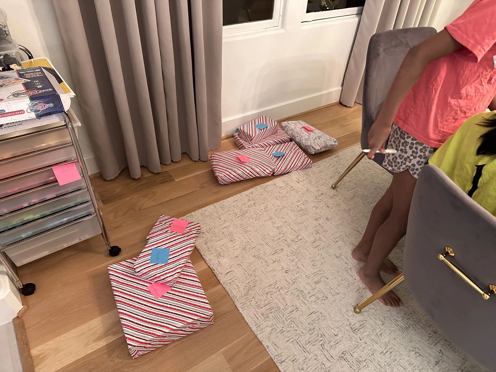 Gifts being wrapped and labeled
